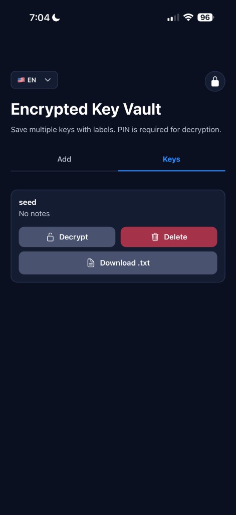 Keys list screen
